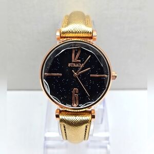 Womens Strada Rose Gold Tone Diamond Cut Bezel Watch Leather Sparkle New Battery
